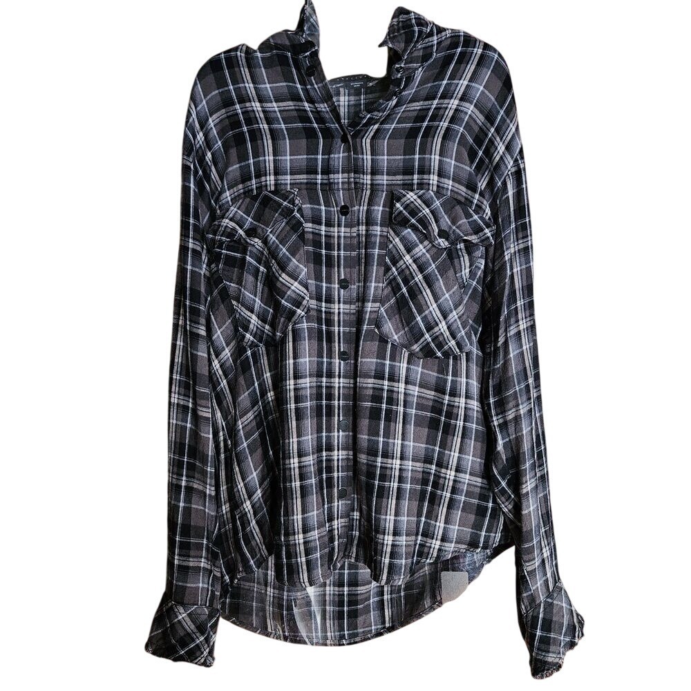 Sanctuary Womens Medium Boyfriend Plaid Flannel Snap Down Adj. Slv. Shirt Top